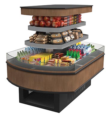 HVI-3-305-406SC-RAD Self-Service Open Multi-Deck Refrigerated Curved Island Merchandiser for Bakery, Beverage, Dairy, Deli and Produce.