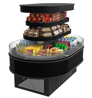 HVI-3-305-406SC-RAD Self-Service Open Multi-Deck Refrigerated Radius Island Merchandiser for Bakery, Beverage, Dairy, Deli and Produce.