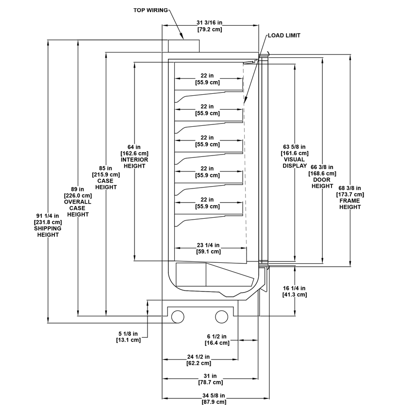 ONRBH high narrow glass door reach-in low-temperature reach-in merchandiser for beverage, dairy, deli, floral, and produce products: technical reference sheet.