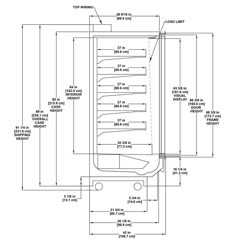 ORBH high glass door reach-in low-temperature reach-in merchandiser for beverage, dairy, deli, floral, and produce products: technical reference sheet.