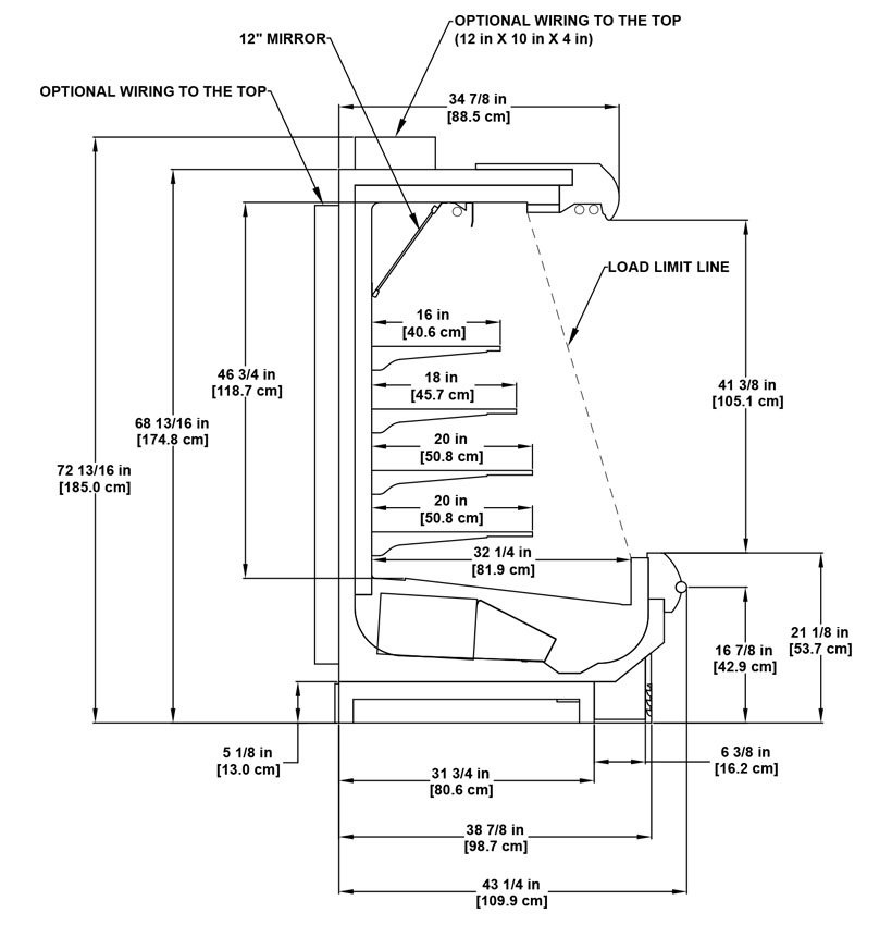 OHM-NRG multi-deck medium-temperature merchandiser with high front for deli and meat: technical reference sheet.