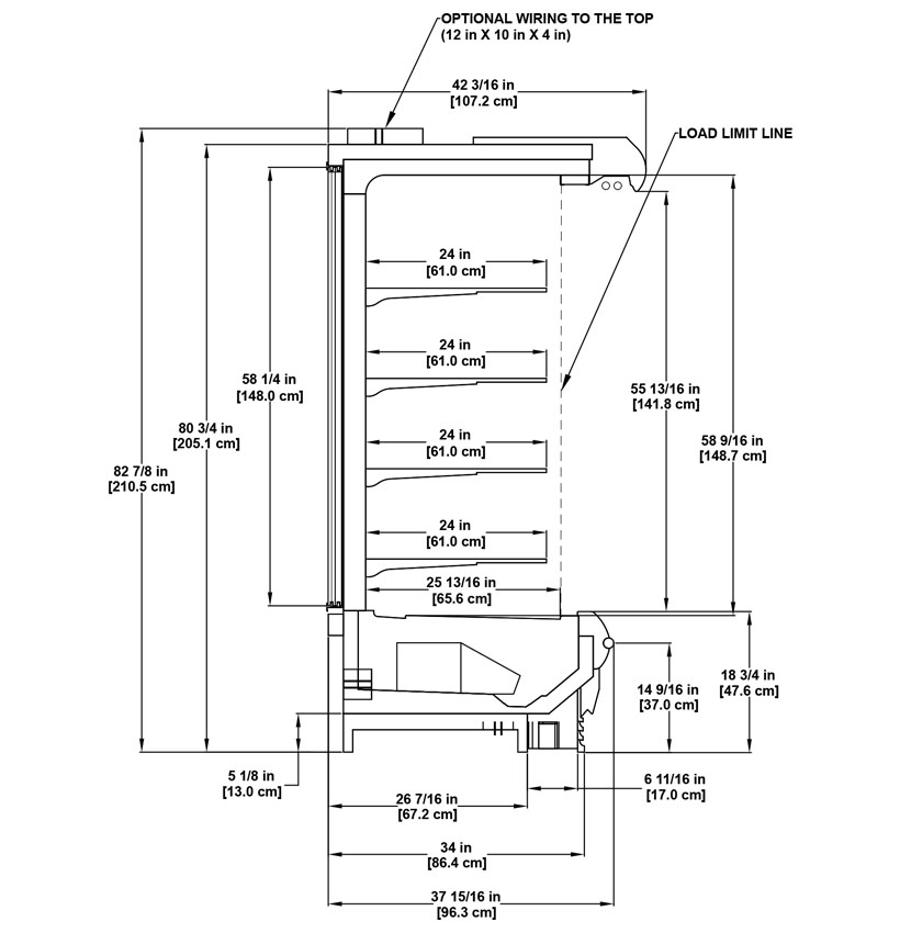 ON5DRX-NRG low-front multi-deck medium-temperature rear-load merchandiser for dairy, deli, produce and beverage products: technical reference sheet.