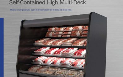 OHMA-NRG display case sales sheet: self-contained high multi-deck fresh meat display case