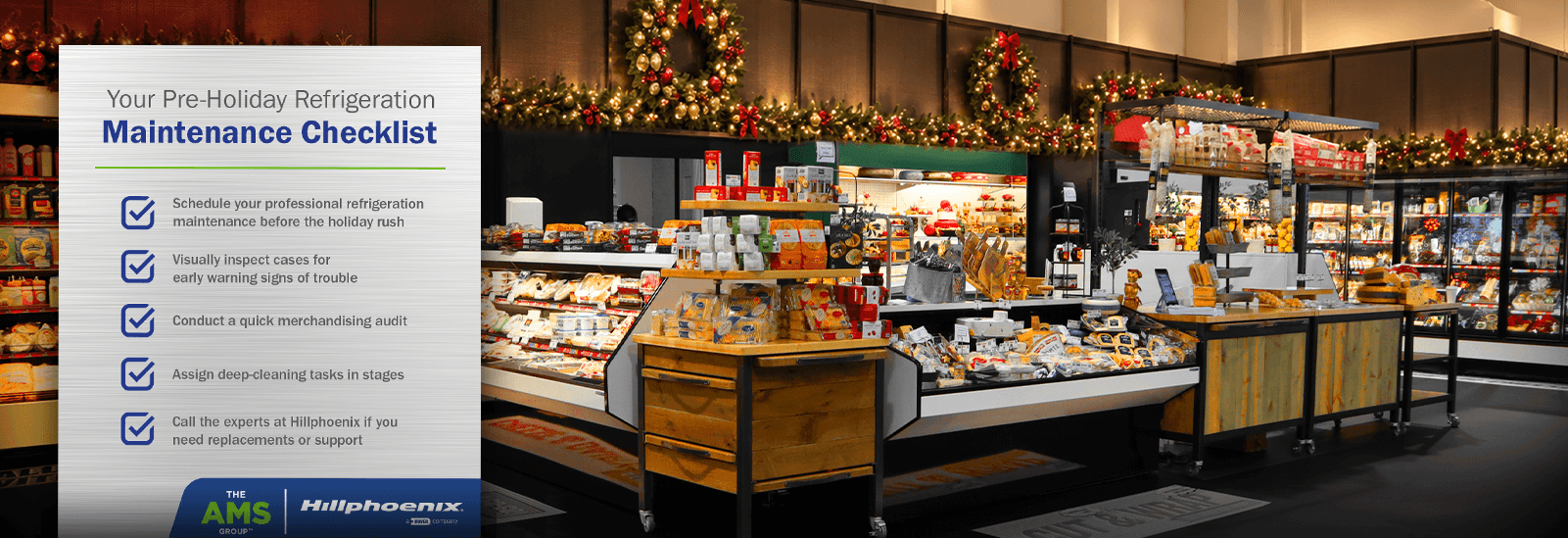 Maintenance checklist overlaid on a festive food retail display